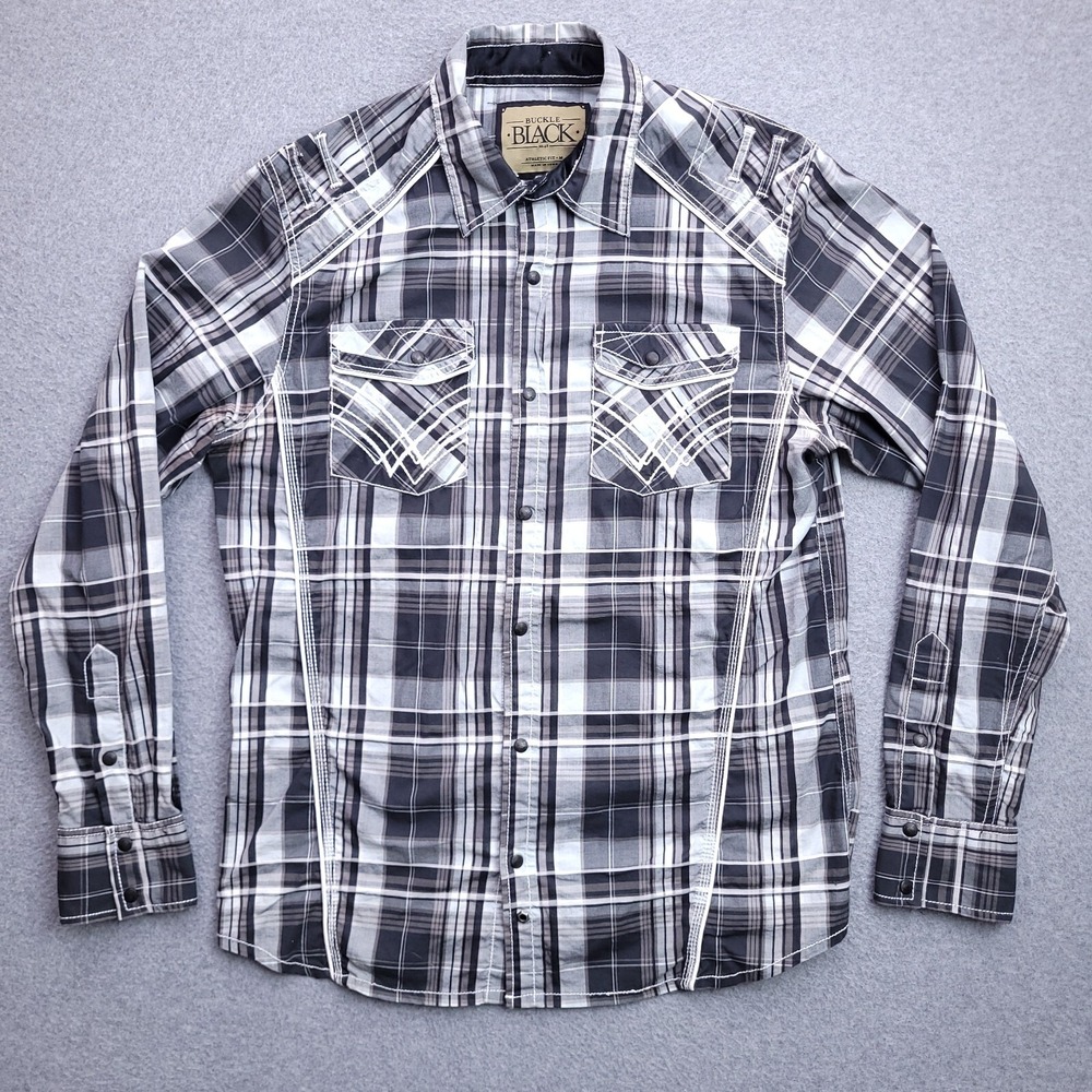 BKE Buckle Pearl Snap Shirt Medium Athletic Fit Black Plaid Western Mens